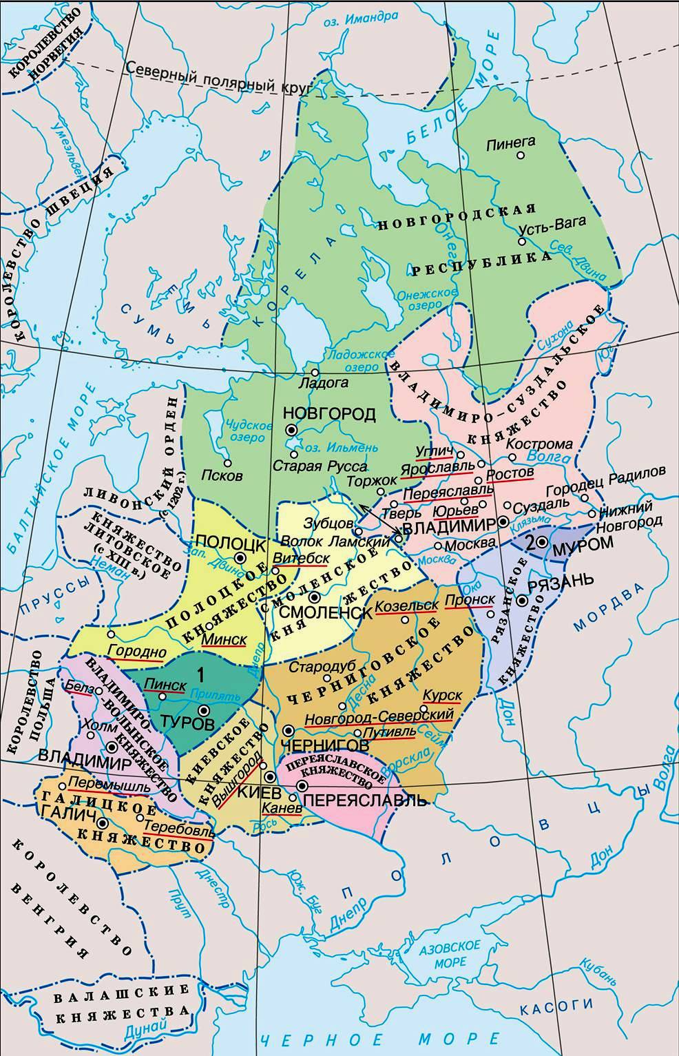 Карта русских княжеств. Владимиро-Суздальское княжество в 12 веке