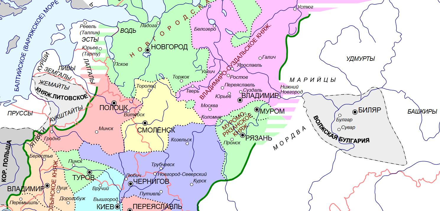 Карта Владимиро-Суздальской Руси и русских княжеств