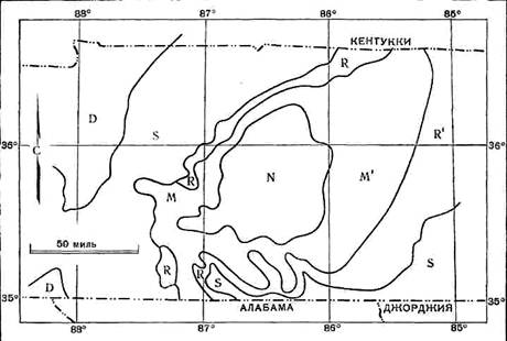 Палеогеологическая карта миссисипской поверхности 