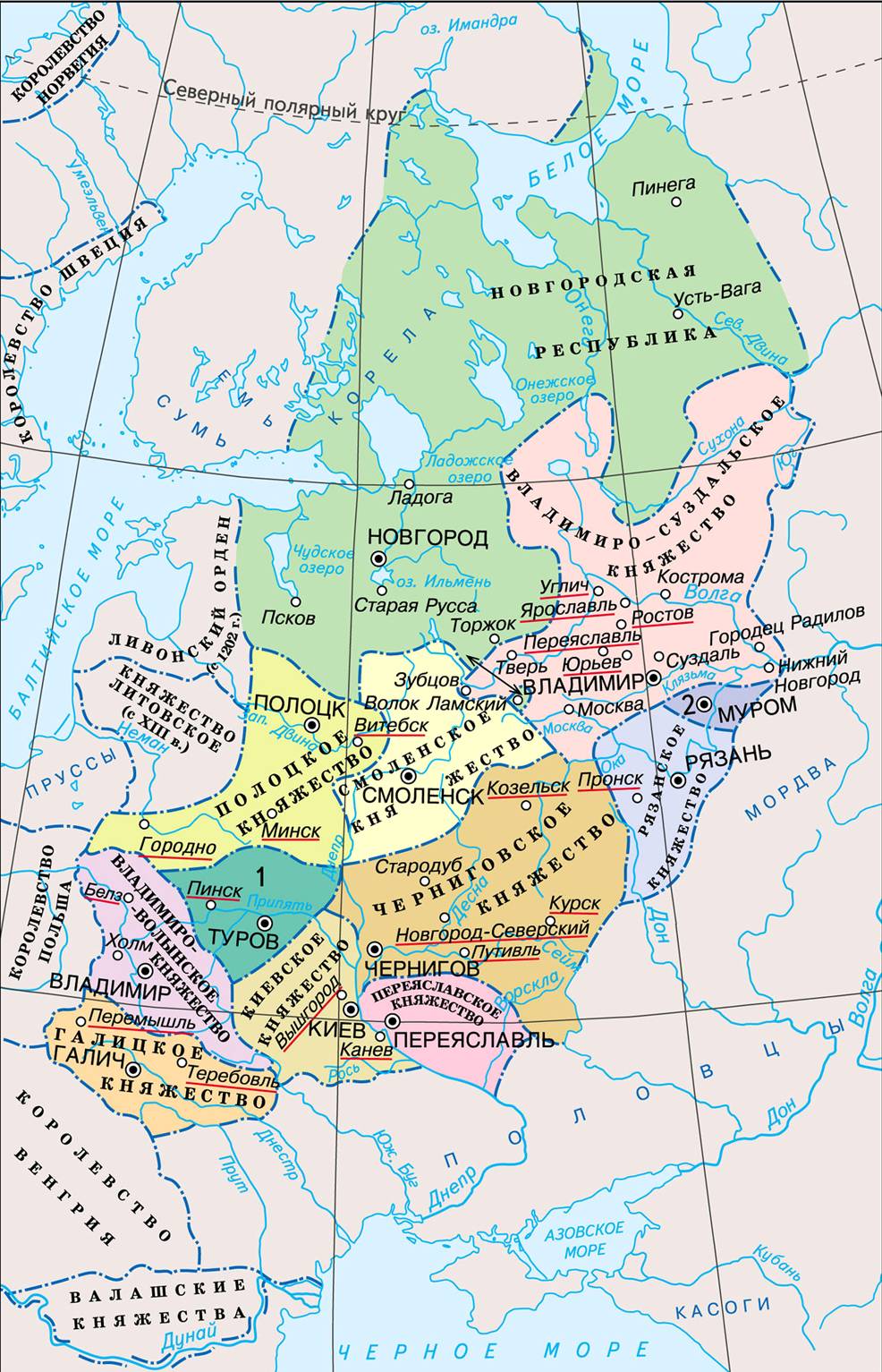 Карта Древней Руси в конце 12 - начале 13 веков. Древнерусские удельные княжества