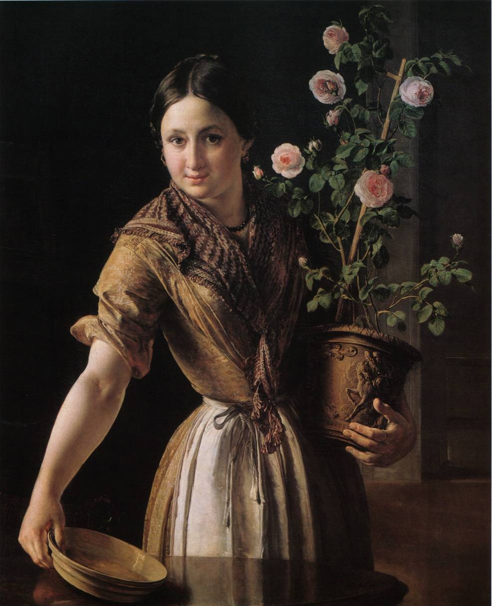 Девушка с горшком роз
