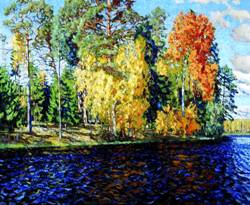 Лесное озеро Золотая осень Синяя вода