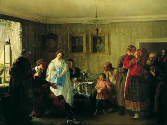 Картина Мясоедова Поздравление молодых в доме помещика