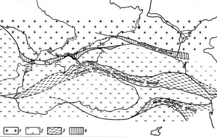 Палеотектоническая схема области Черного моря в ранней и средней юре