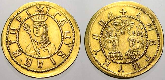 Золотая наградная монета царевны Софьи с царями Иваном 5 и Петром 1