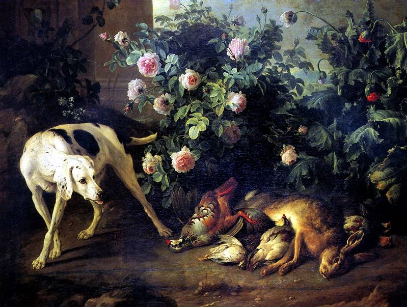 Натюрморт с собакой и битой дичью у розового куста