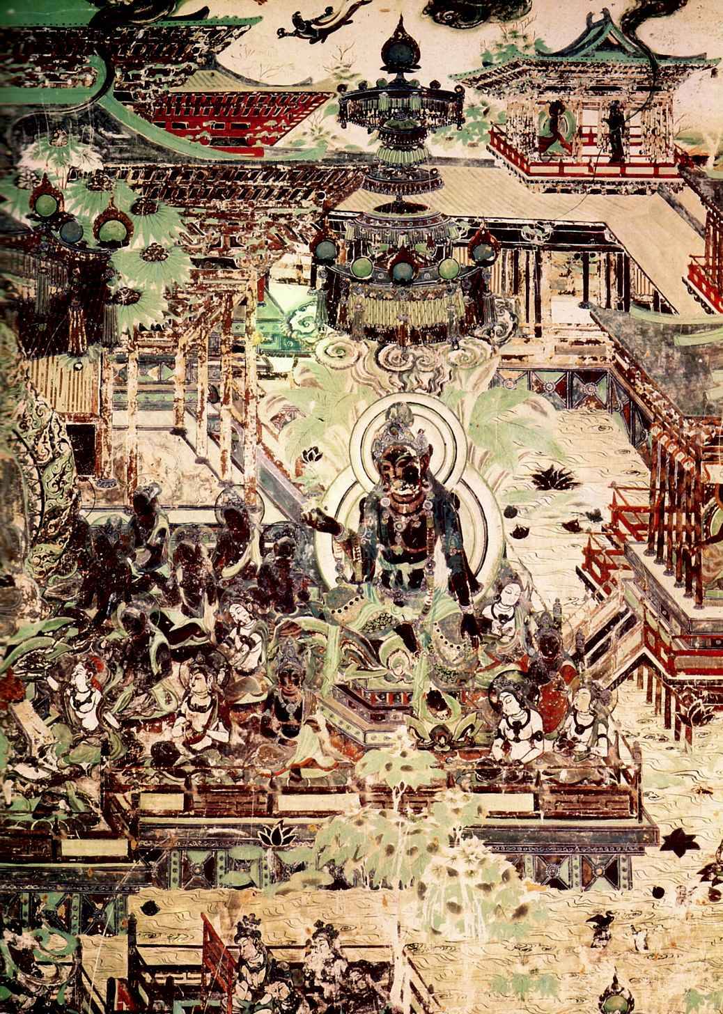 Настенная роспись из монастыря Дуньхуан с изображением буддийского рая