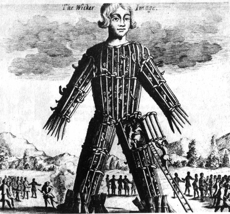 Изображение викера плетеной человеческой фигуры в которую помещались жертвы
