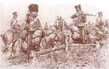 Французские гусары, вооруженные мушкетонами, ведут перестрелку на аванпостах