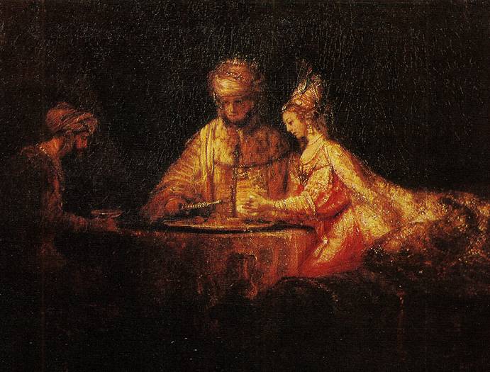 РЕМБРАНДТ ВАН РЕЙН (1606—1669) АРТАКСЕРКС, АМАН И ЭСФИРЬ. 1660 ГОЛЛАНДИЯ