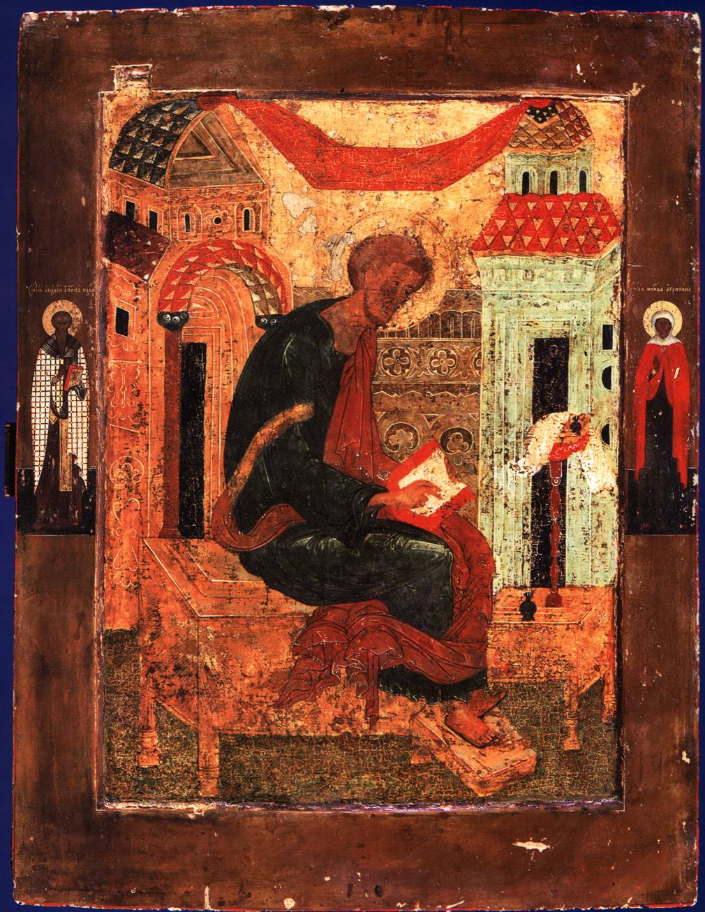икона московской школы Лука Евангелист, со Святыми на полях. 16 век