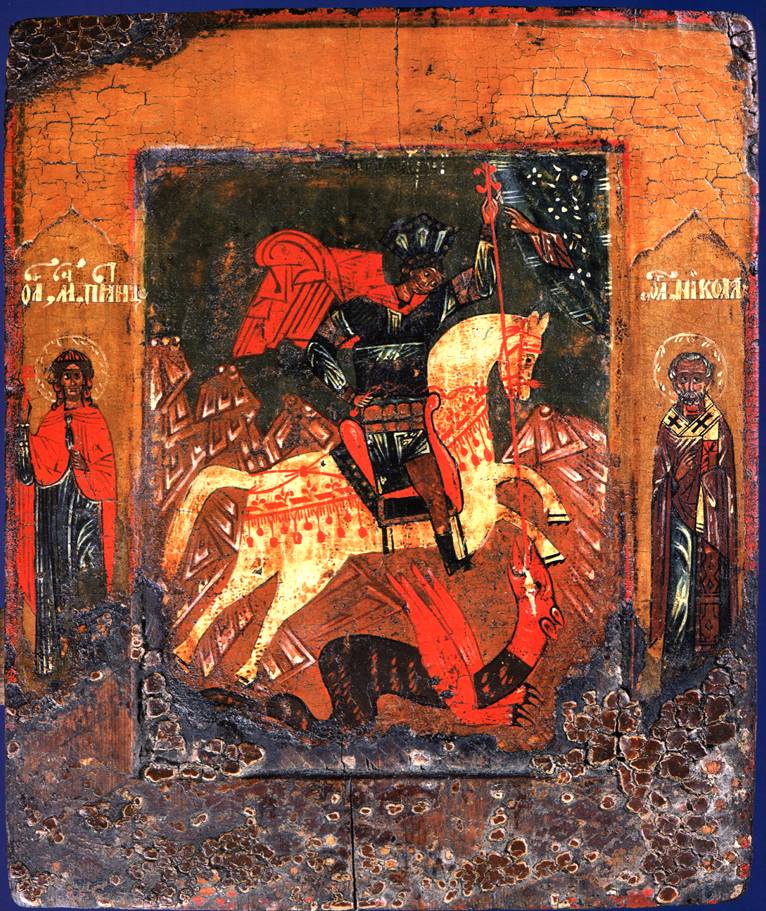 Чудо святого Георгия о змие, с Параскевой пятницей и Николой Чудотворцем на полях
